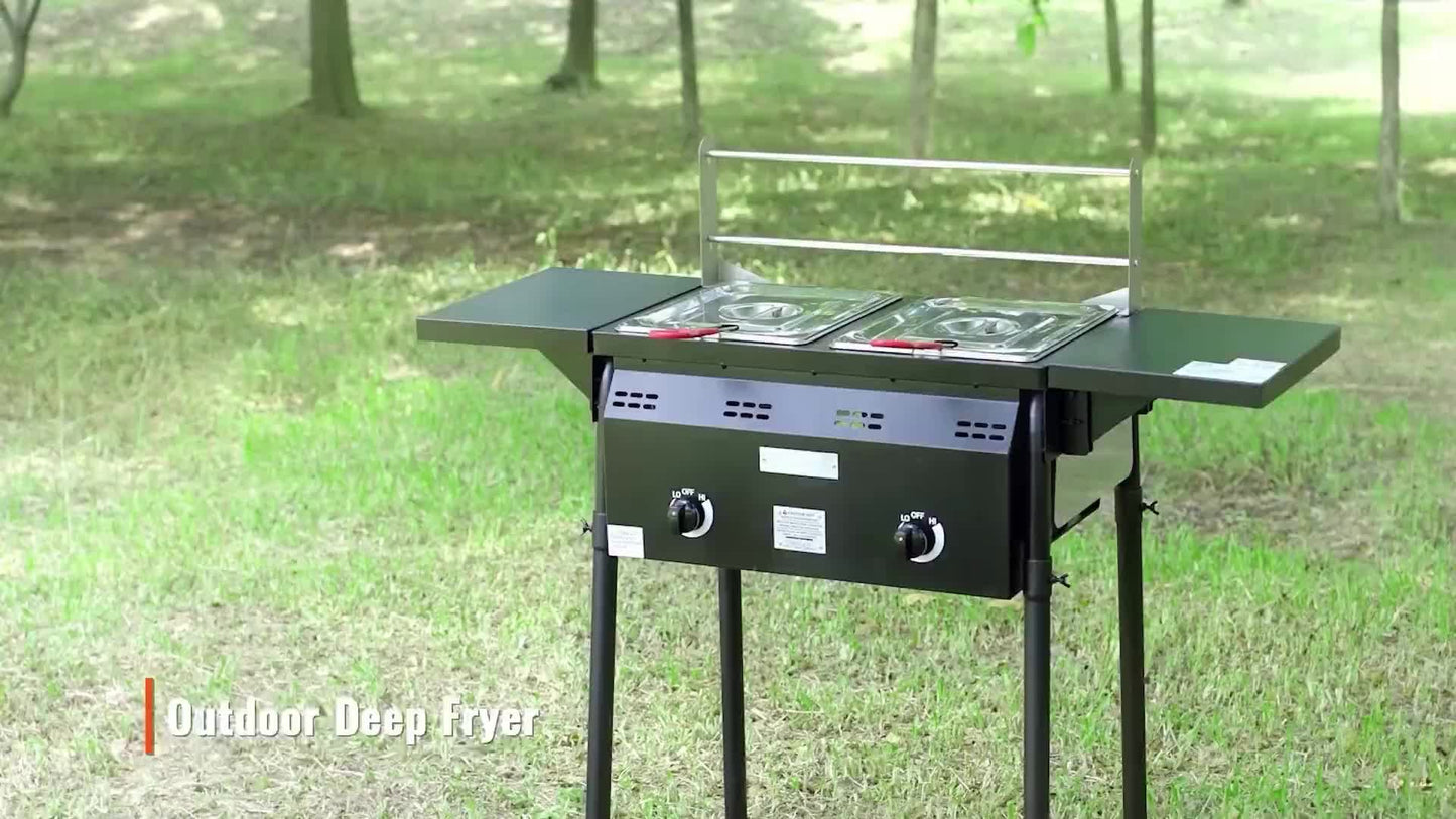 Happybuy Outdoor Propane Deep Fryer, 16 Qt Dual Burner, Stainless Steel with Removable Baskets & Lids, Integrated Oil Fryer Cart with Thermometer & Regulator for Commercial Cooking