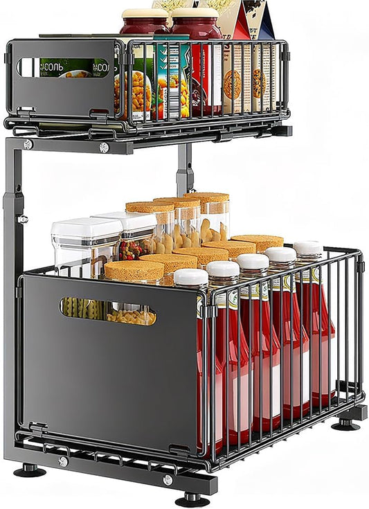 Under Sink Sliding Organizer – 2 Metal Tiers | Instant Space Saving