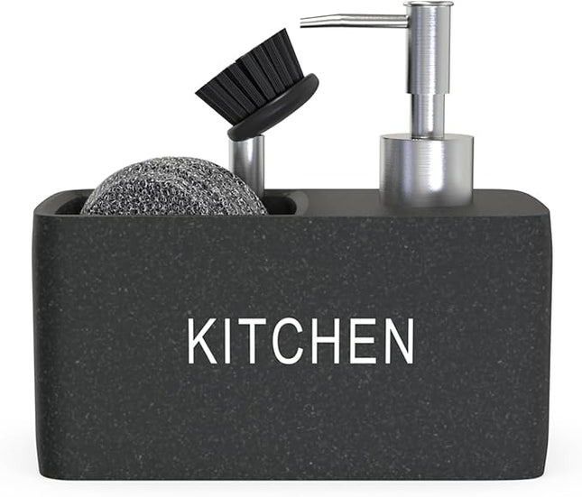 Distributeur de savon pour cuisine équipé d’un porte-éponge et d’un compartiment pour liquide vaisselle