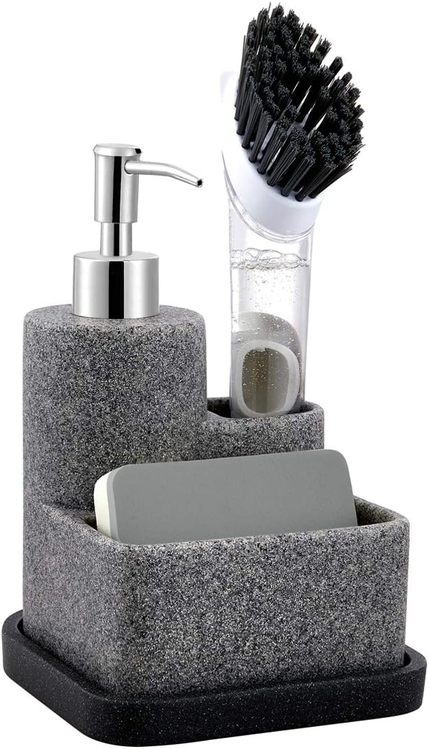 Distributeur de liquide vaisselle équipé d’un porte-éponge et support pour brosses