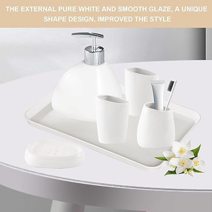 Qivine  - Lot de 6 accessoires de salle de bain en céramique blanche avec distributeur de savon