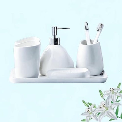 Qivine  - Lot de 6 accessoires de salle de bain en céramique blanche avec distributeur de savon