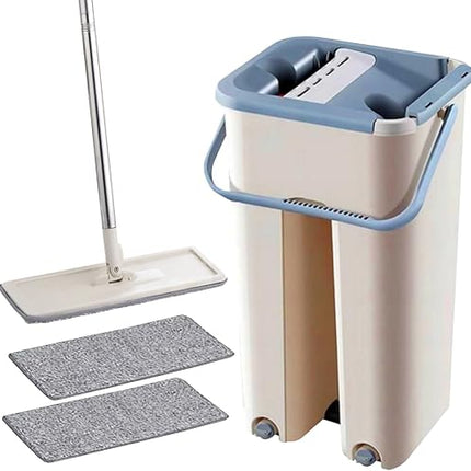 Serpillère plate avec seau et tampons en microfibre - E-menage