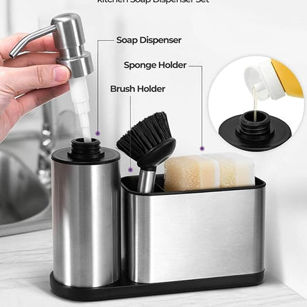 Organiseur d’évier équipé d’un distributeur de savon intégré et d’un support pour éponge