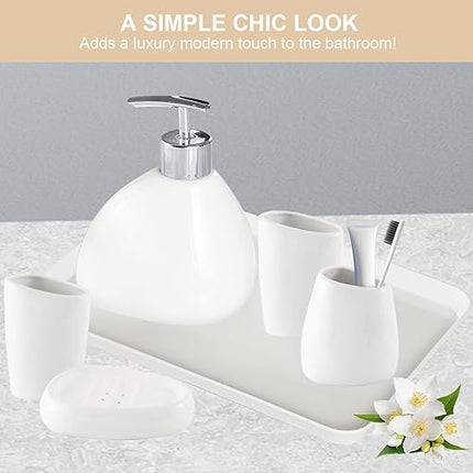 Qivine  - Lot de 6 accessoires de salle de bain en céramique blanche avec distributeur de savon