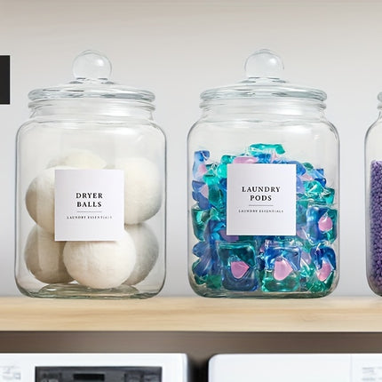 4-Pack Airtight Glass Storage Jars with Lids, Labels & Spoons - Half Gallon (64oz/1829ml), Dishwasher Safe & Space-Saving Organizer for Laundry Detergent, Pods, Beads, Bathroom, Pantry - Clear Containers with Measurement Icon