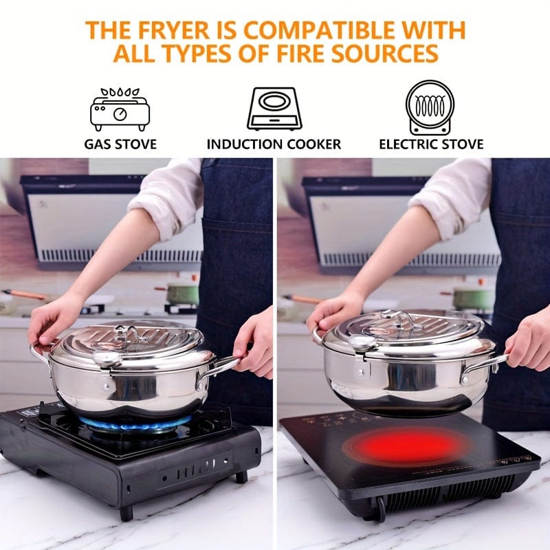 [Stainless Steel Deep Fryer] 2.2L Large Capacity Stainless Steel Deep Fryer with Lid - Heat-Resistant, Includes Thermometer & Oil Drip Rack - Non-Electric, High-Temperature Resistant, Perfect for French Fries, Chicken, Shrimp