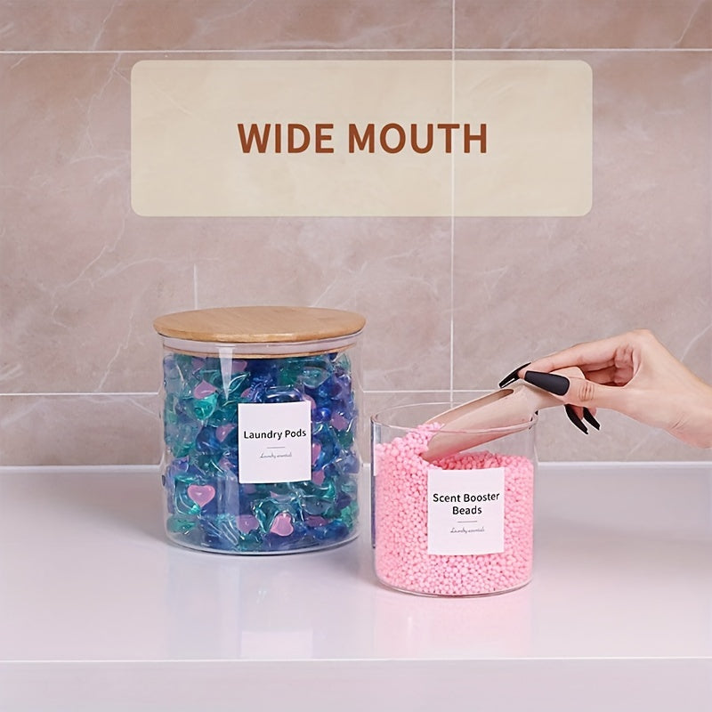 4-Piece Farmhouse Laundry Room Organization Set - Glass Jar Containers with Labels for Laundry Detergent, Flavor Enhancer, and Cookies Storage - Decorative Laundry Room Essentials for a Clutter-Free Space