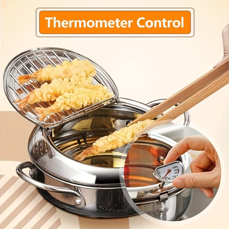 [Stainless Steel Deep Fryer] 2.2L Large Capacity Stainless Steel Deep Fryer with Lid - Heat-Resistant, Includes Thermometer & Oil Drip Rack - Non-Electric, High-Temperature Resistant, Perfect for French Fries, Chicken, Shrimp