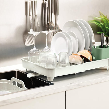 Egouttoir à vaisselle extensible avec porte-couverts amovible bec d'égouttage pivotant