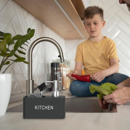 Distributeur de savon pour cuisine équipé d’un porte-éponge et d’un compartiment pour liquide vaisselle