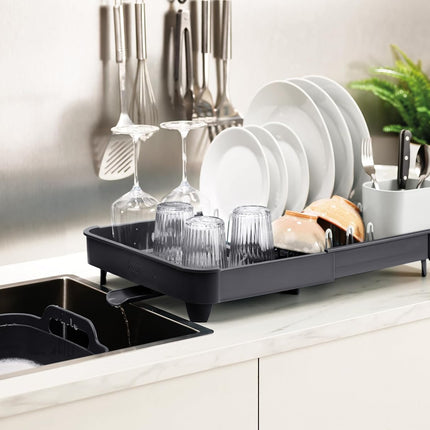 Egouttoir à vaisselle extensible avec porte-couverts amovible bec d'égouttage pivotant