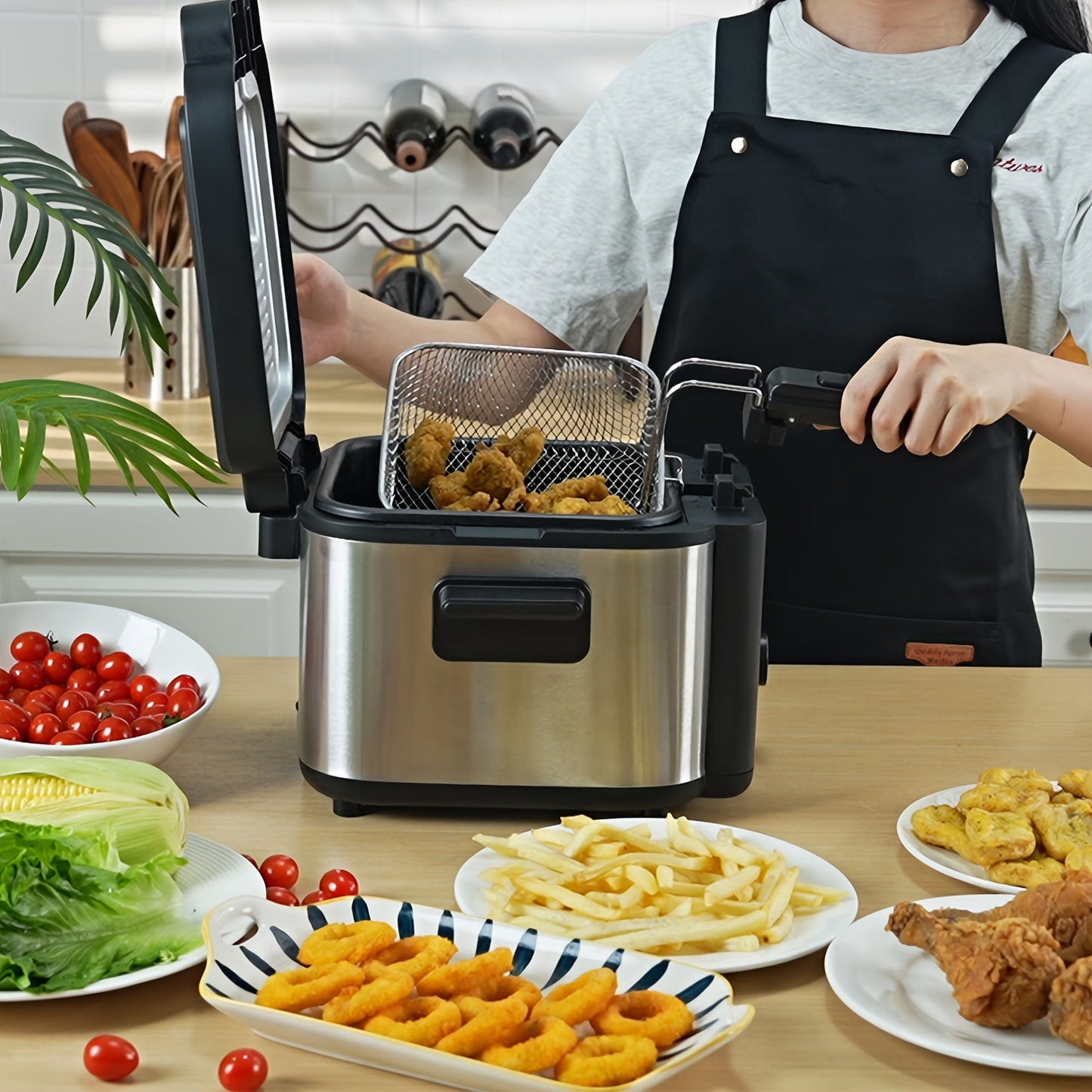 SUSTEAS 1500W Electric Deep Fryer with Basket, 84.5oz Large Capacity, Adjustable Temperature, Easy-Clean Pot, Foldable Handle, Compact Durable Design - Stylish Kitchen Appliance & Essential Tool for Family Dinners, Parties, E