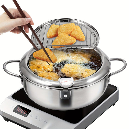 1pc Stainless Steel Deep Fryer with Thermometer, Oil Drop Filter Rack & Lid - Perfect for Gas & Induction Stoves, Ideal for Frying Beef Patties, Sesame Fry Bags, and Fried Chicken Willow, Kitchen Cookware | Transparent Lid Fe