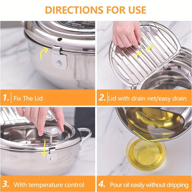 [Stainless Steel Deep Fryer] 2.2L Large Capacity Stainless Steel Deep Fryer with Lid - Heat-Resistant, Includes Thermometer & Oil Drip Rack - Non-Electric, High-Temperature Resistant, Perfect for French Fries, Chicken, Shrimp