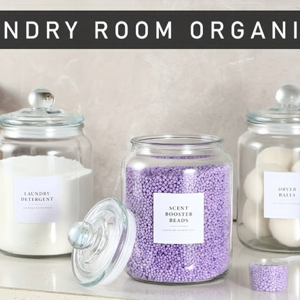 4-Pack Airtight Glass Storage Jars with Lids, Labels & Spoons - Half Gallon (64oz/1829ml), Dishwasher Safe & Space-Saving Organizer for Laundry Detergent, Pods, Beads, Bathroom, Pantry - Clear Containers with Measurement Icon