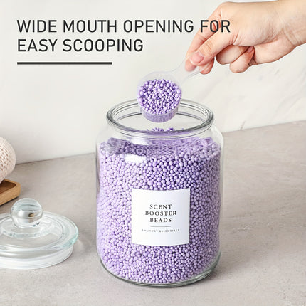 4-Pack Airtight Glass Storage Jars with Lids, Labels & Spoons - Half Gallon (64oz/1829ml), Dishwasher Safe & Space-Saving Organizer for Laundry Detergent, Pods, Beads, Bathroom, Pantry - Clear Containers with Measurement Icon