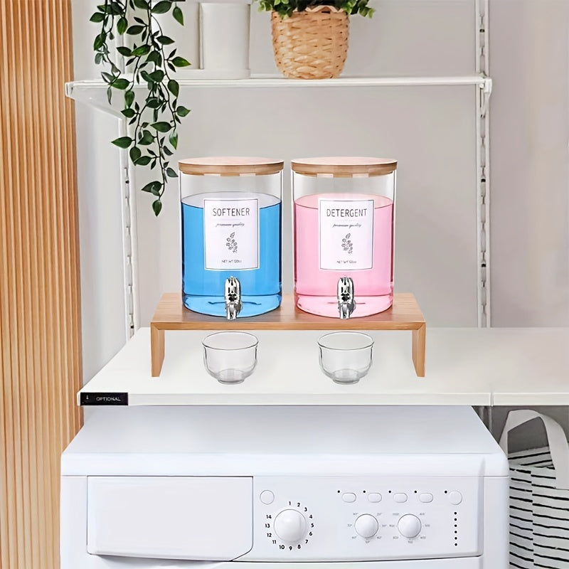 2-Pack 120 oz Large Capacity Glass Laundry Detergent Dispenser Set - Freestanding, Lead-Free, Bamboo Lids, Shelf Stand, Spouts, 8 Waterproof Labels, and 2 Glass Cups for Liquid Detergent - Space-Saving Laundry Room Organizati