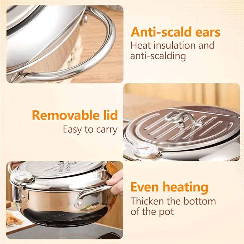 [Stainless Steel Deep Fryer] 2.2L Large Capacity Stainless Steel Deep Fryer with Lid - Heat-Resistant, Includes Thermometer & Oil Drip Rack - Non-Electric, High-Temperature Resistant, Perfect for French Fries, Chicken, Shrimp