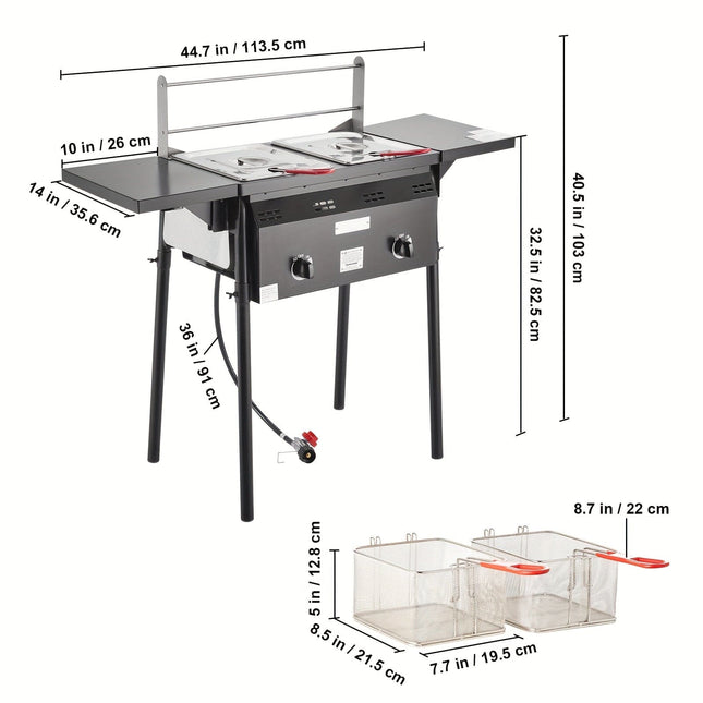 Friteuse extérieure au propane Happybuy, 16 pintes, double brûleur, acier inoxydable avec paniers et couvercles amovibles, chariot de friteuse à huile intégré avec thermomètre et régulateur pour la cuisson commerciale