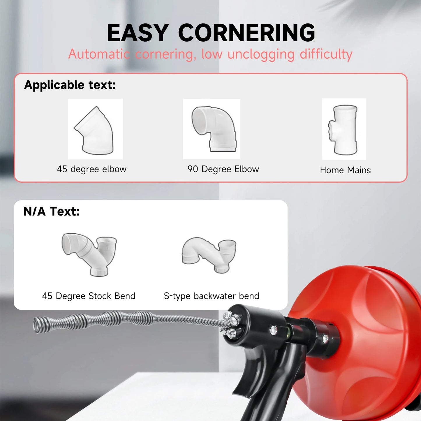 33FT Drain Auger Clog Remover Flexible Plumbing Snake Use Manually or Powered for Kitchen Bathrom Shower Sink Cleaning Tool