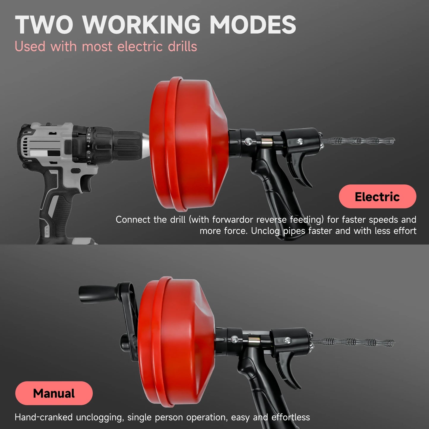 33FT Drain Auger Clog Remover Flexible Plumbing Snake Use Manually or Powered for Kitchen Bathrom Shower Sink Cleaning Tool