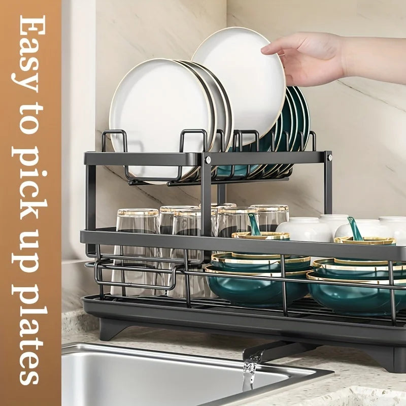 Dish Rack, Large Capacity Dish Drying Rack With Draining Board, Double Layer Detachable Dish Storage Organizer For Dishes, Cups