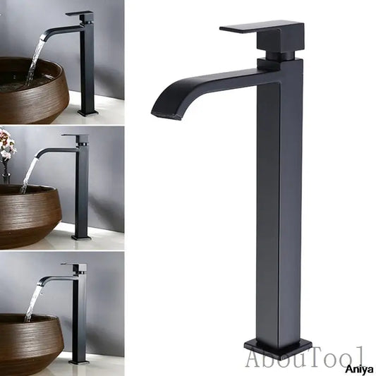 Waterfall Faucet Black Metal Tall Basin Faucets Cold Water Tap Torneira Stainless Steel Bathroom Faucet Sink Washing torneiras