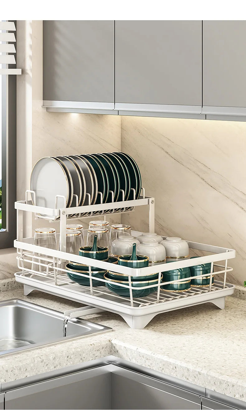 2-Tier Dishes Dryer Rack Metal Black Dish Drainer Large Kitchen Organizers and Storage Rack with Drainboard and Cutlery Holder