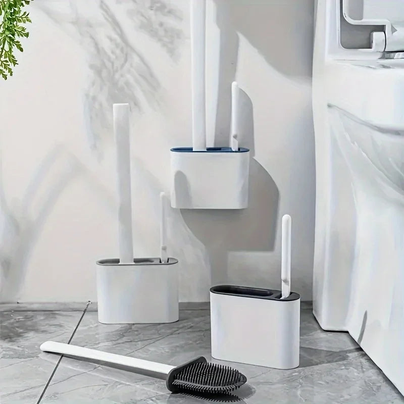 Full Bathroom Cleaning Set: Wall-mounted Silicone Toilet Brush and Ergonomic Long-handle Brush - Easy-to-clean Design