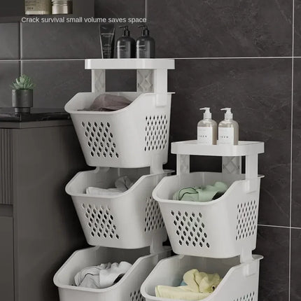 Laundry Storage Rack Basket Multilayer Dirty Clothes Storage Basket With Wheel Large Capacity Household Bathroom Shelf Organizer - E-menage
