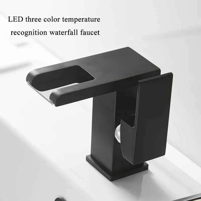 Luxury LED Black Basin Faucet Tall And Short Tap Bathroom Single Handle Cold and Hot Water Flow Produces Electricity