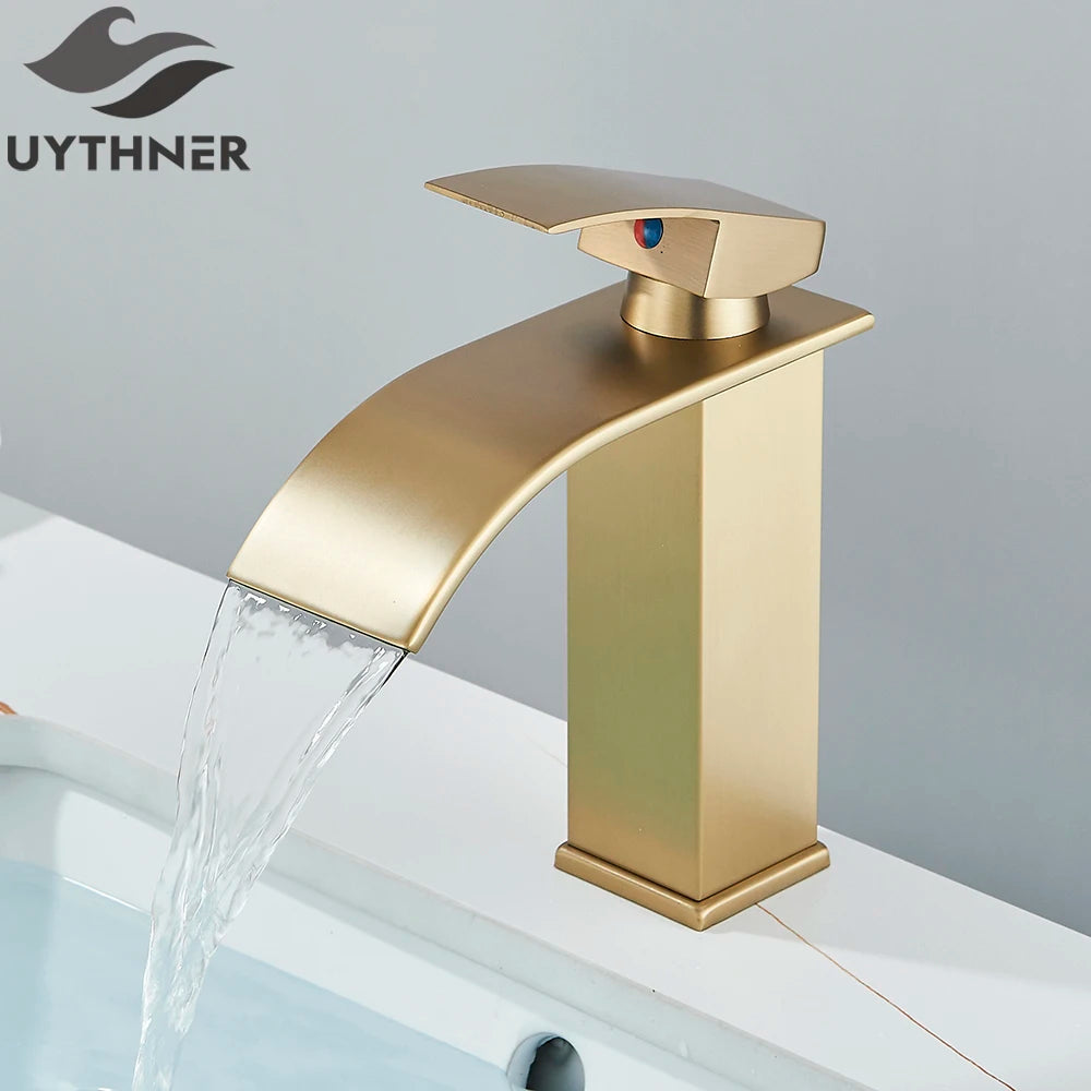 Brushed Golden Basin Faucets Elegant Waterfall Bathroom Sink Faucet Single Lever Hole Deck Mount Brass  Mixer Taps