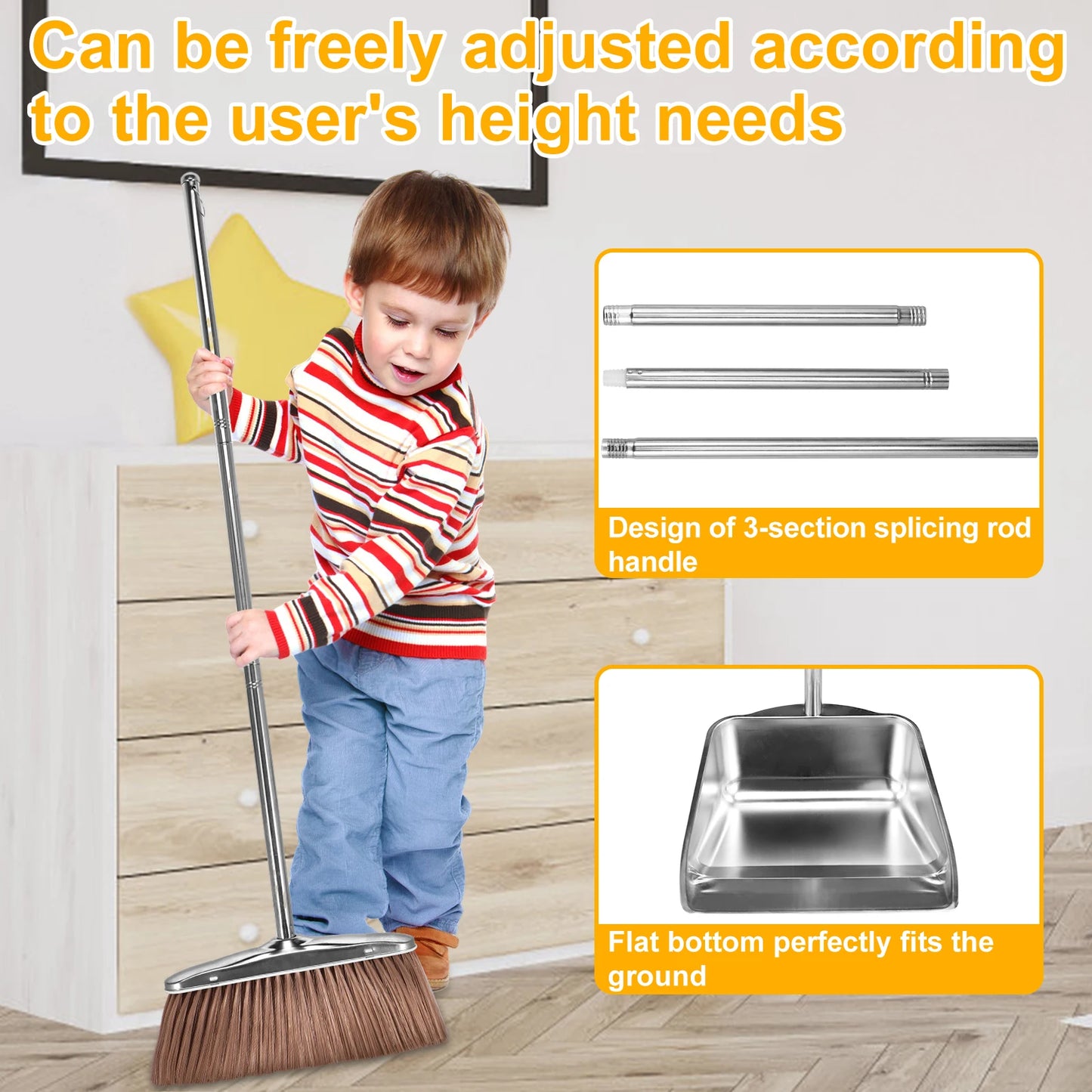 Broom and Dustpan Set Long Handle Upright Stainless Steel Dustpan Broom Set Portable Household Cleaning Tools for Home Office