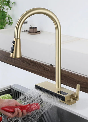 Waterfall Kitchen Faucet Temperature Display For Hot and Cold Water Pull Out Deck Mounted Sink Tap