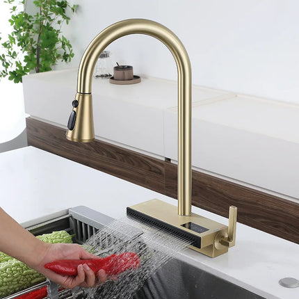 Robinet de cuisine cascade avec affichage de la température de l'eau chaude et froide, robinet extractible pour évier sur plage