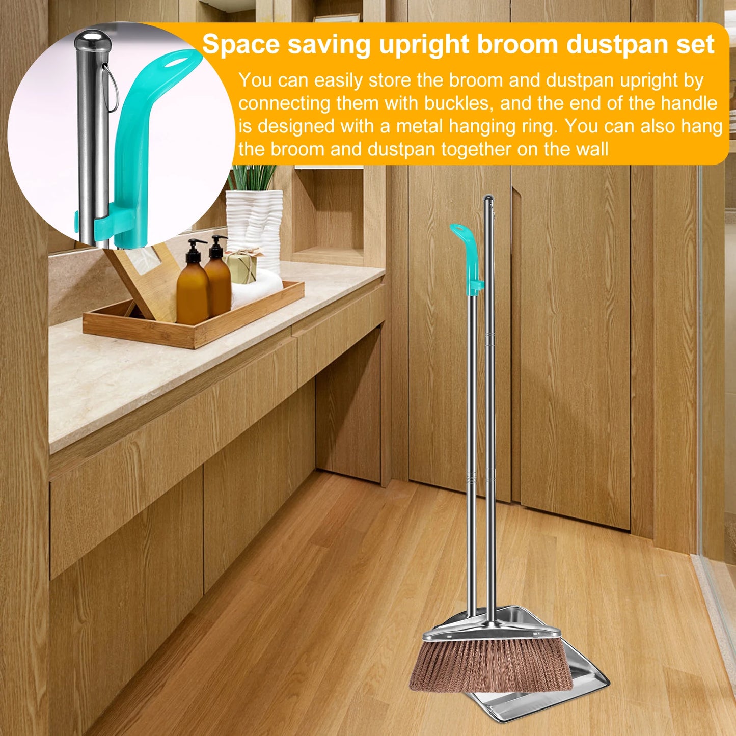Broom and Dustpan Set Long Handle Upright Stainless Steel Dustpan Broom Set Portable Household Cleaning Tools for Home Office