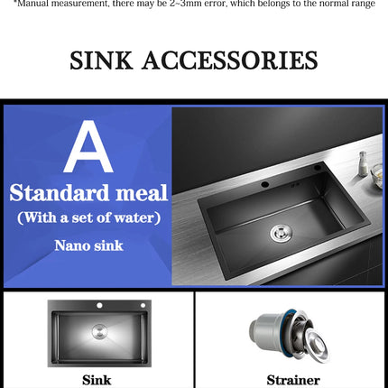 Évier de cuisine rectangulaire DQOK en acier inoxydable avec bac à vaisselle, panier d'égouttage et tuyau de vidange.