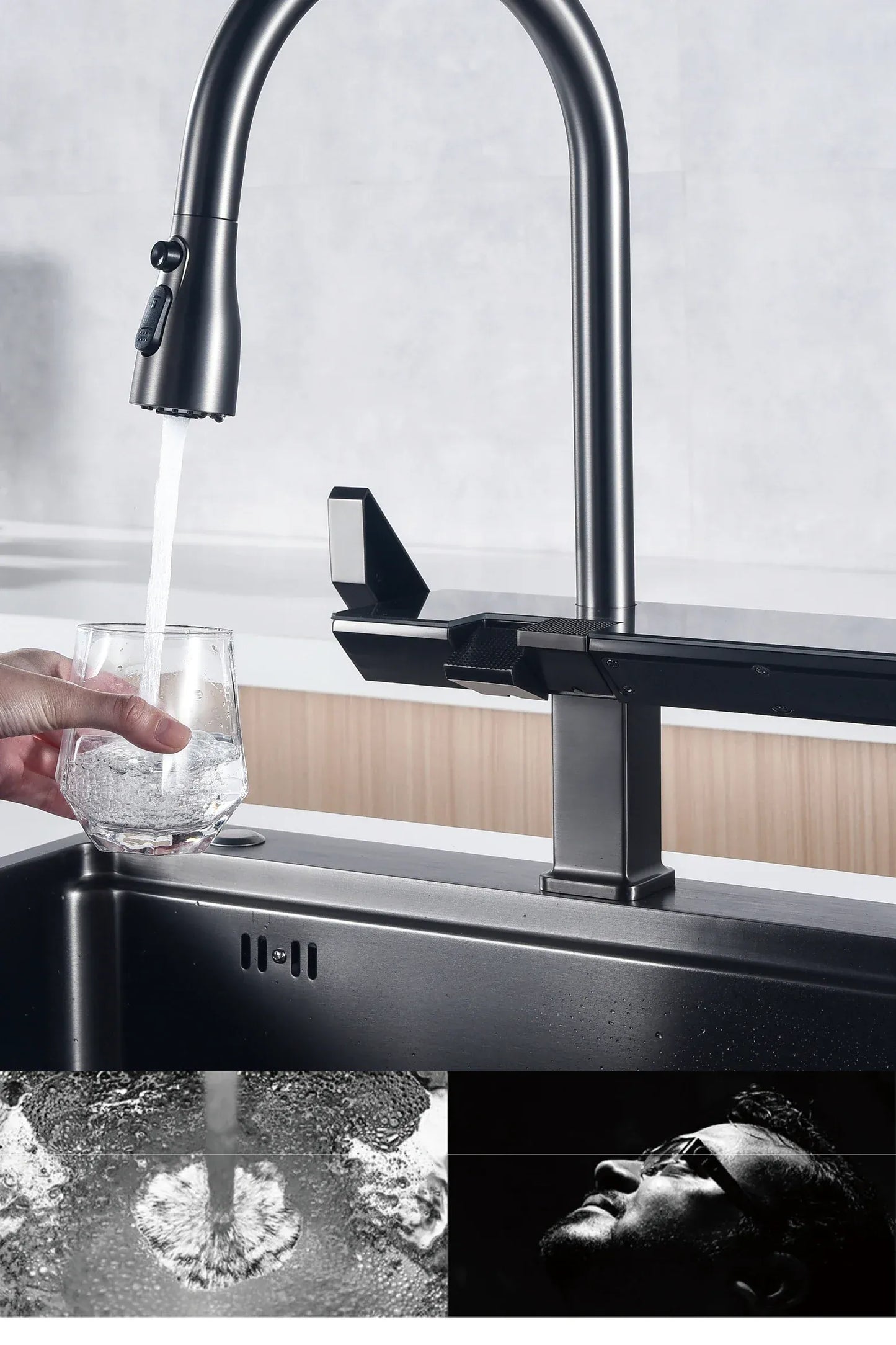 AITANA Luxury Chrome Brass Kitchen Faucet with Digital Display Design, Hot and Cold Water Pull out 3-Function Sink Mixer