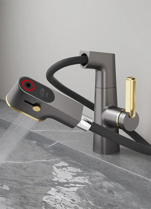 VGX Multifunctional Bathroom Faucets Pull Out Basin Mixer Sink Faucet Gourmet LED Temperature Tap 360° Tapware Crane Brass White