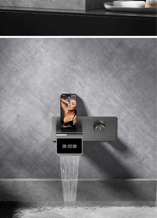 Luxury gun gray brass wall mounted bathroom faucet with LED digital display Single handle hot & cold water embedded bathroom Tap