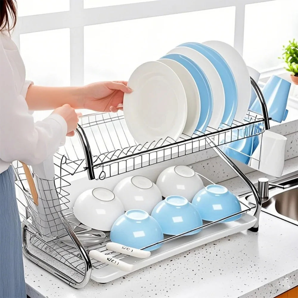 Kitchen Cutlery Organizer 2 Tier S-Shaped Dish Drainer Stable Space-saving Tableware Holder Shelf Metal Cup Drainer Chopsticks