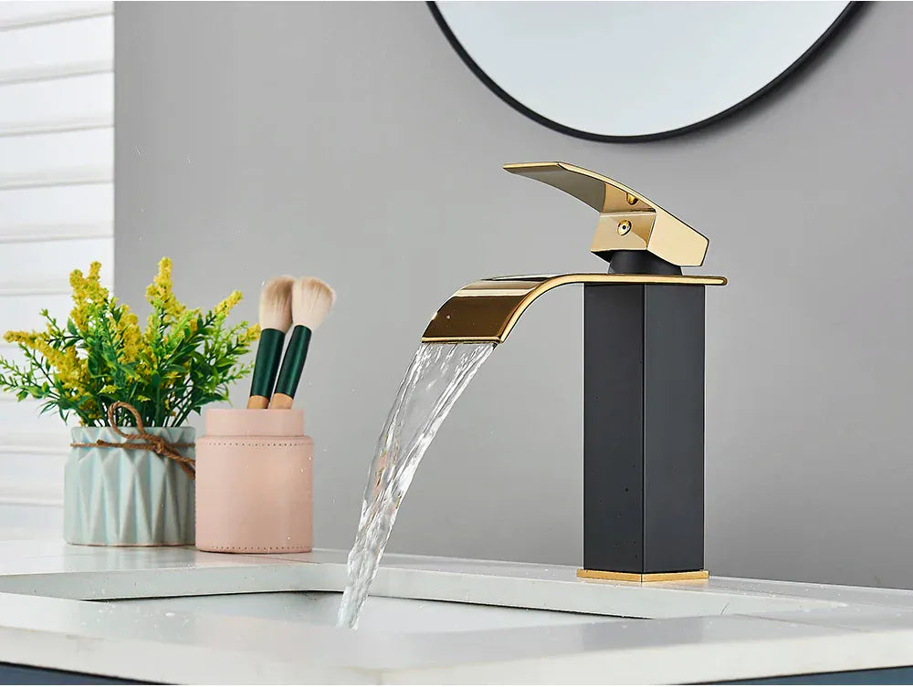 Brushed Golden Basin Faucets Elegant Waterfall Bathroom Sink Faucet Single Lever Hole Deck Mount Brass  Mixer Taps