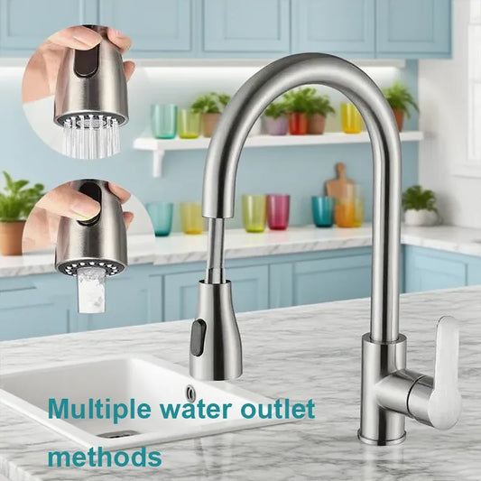 2025 New Stainless Steel Kitchen Faucet Pull Out Sink Mixer Tap with 360 Swivel Spray Head Single Hole Durable Easy Install