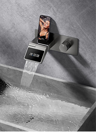 Luxury gun gray brass wall mounted bathroom faucet with LED digital display Single handle hot & cold water embedded bathroom Tap