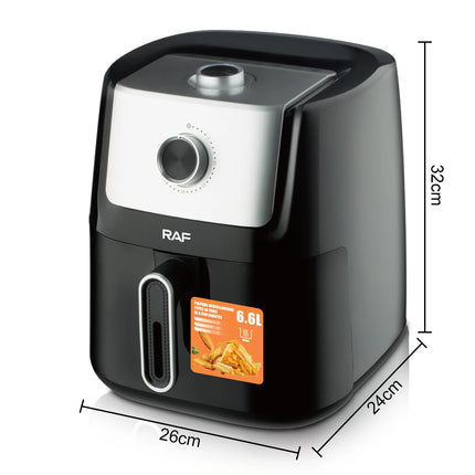 Friteuse à air multifonction 6,6 L noire, cuisson rapide et facile, sans huile, panier antiadhésif.