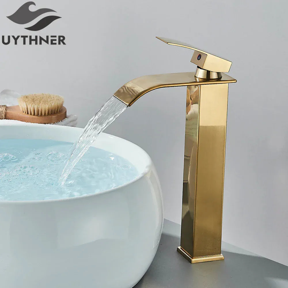 Brushed Golden Basin Faucets Elegant Waterfall Bathroom Sink Faucet Single Lever Hole Deck Mount Brass  Mixer Taps