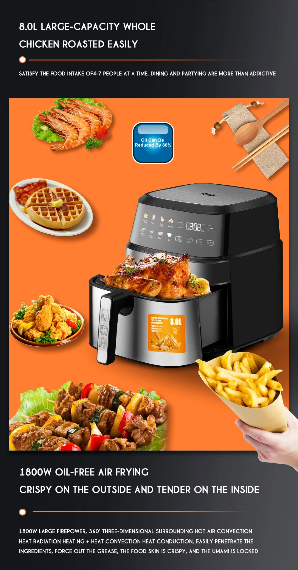 Multifunctional Electric Air Fryer 6.5L Cooker Fryer Without Oil Touch Screen Smart Digital 360 Degree Hot Air Circulation
