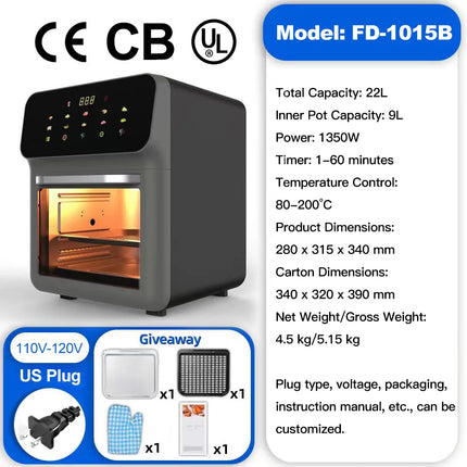 Friteuse à air chaud multifonctionnelle de grande capacité pour la maison, avec écran tactile et affichage visuel.