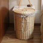 Small diameter 30cm outer height 33cm / Original color basket with lid and diamond-shaped lining